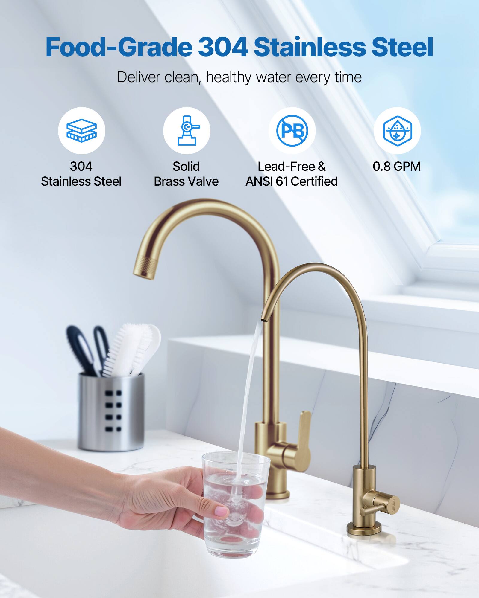 Food-Grade 304 Stainless Steel  
Deliver clean, healthy water every time  

- 304 Stainless Steel  
- Solid Brass Valve  
- Lead-Free & ANSI 61 Certified  
- 0.8 GPM