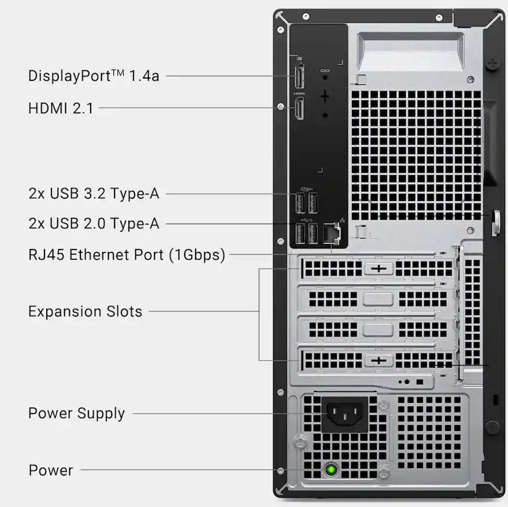 - DisplayPort™ 1.4a
- HDMI 2.1
- 2x USB 3.2 Type-A
- 2x USB 2.0 Type-A
- RJ45 Ethernet Port (1Gbps)
- Expansion Slots
- Power Supply
- Power