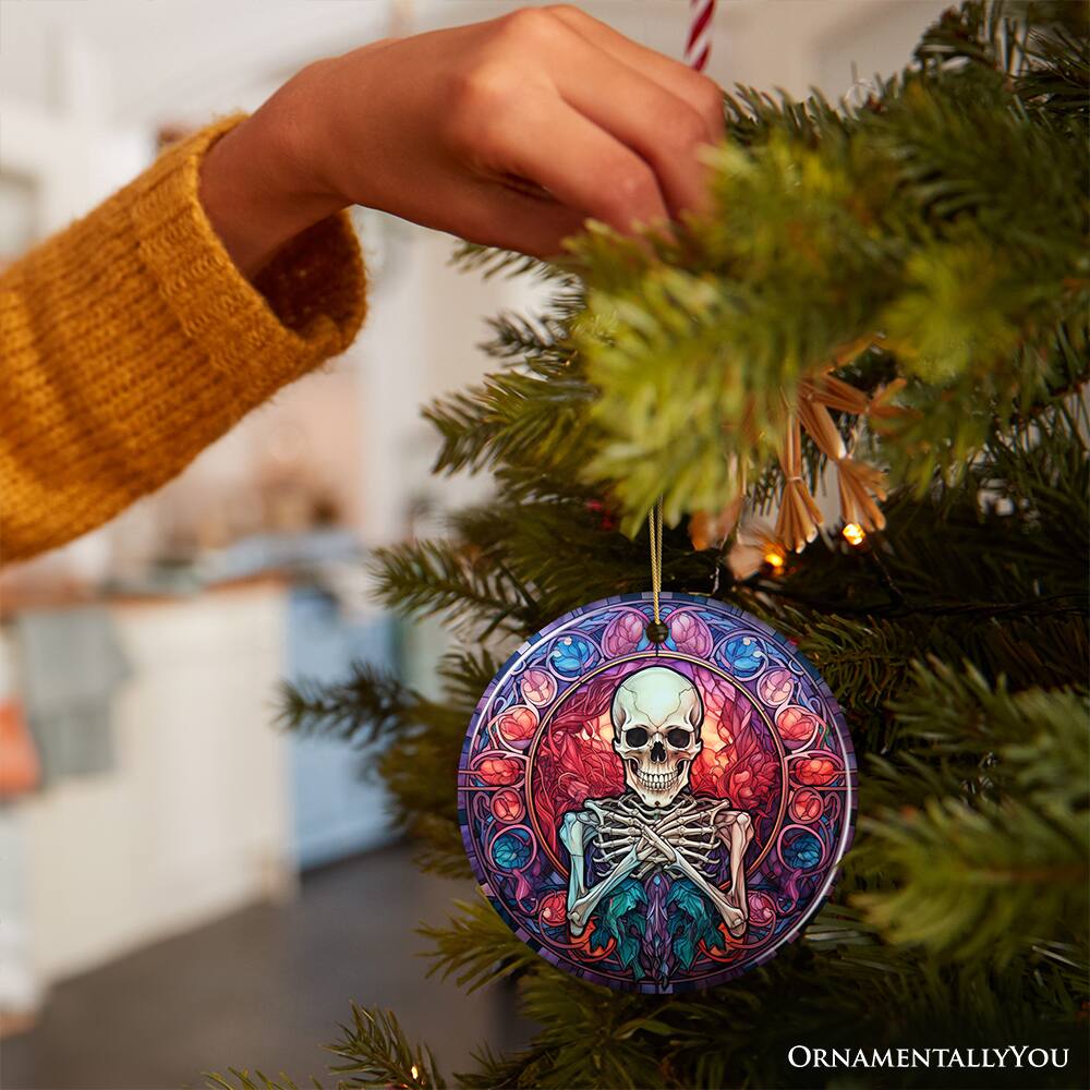 Alt View 1. OrnamentallyYou - Ghastly Grins Haunted Skeleton Stained Glass Style Ornament Halloween Themed Christmas Gift - Multi-colored.