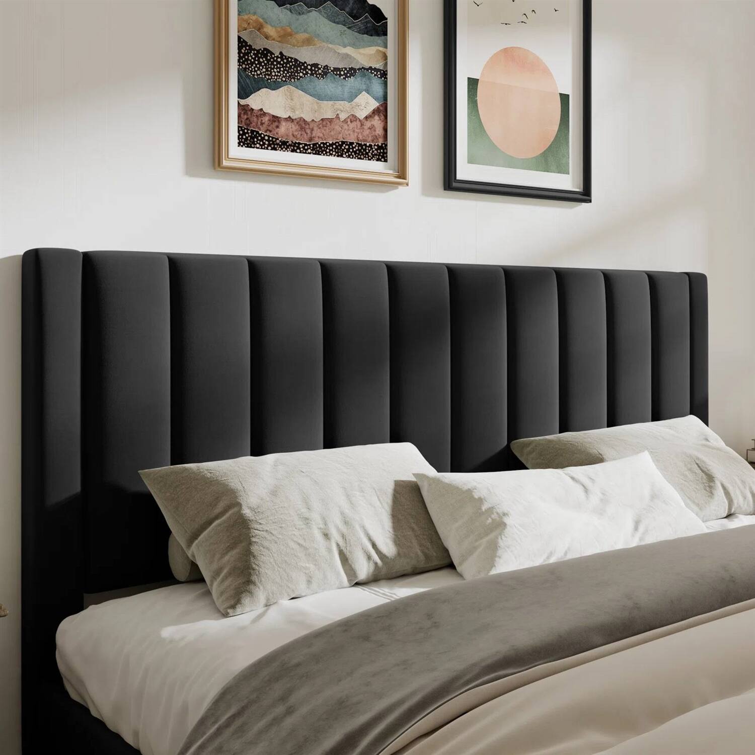 Angle. Hivvago - Hivvago King size Modern Velvet Upholstered Platform Bed with Headboard - Black.