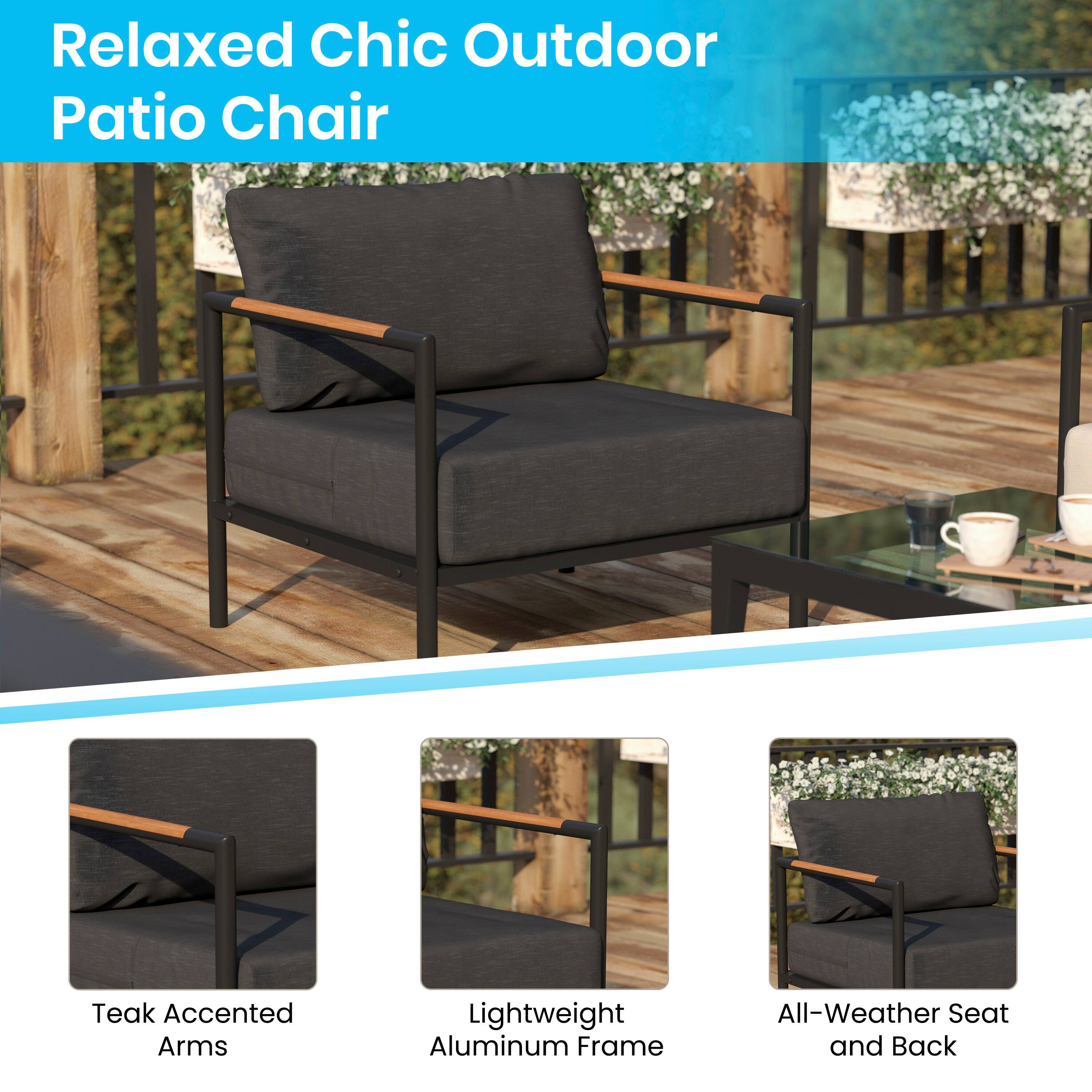 Relaxed Chic Outdoor Patio Chair

- Teak Accented Arms
- Lightweight Aluminum Frame
- All-Weather Seat and Back