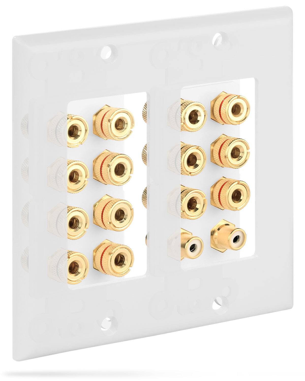 Left. Fosmon - 2-Gang 7.1 Surround Sound Distribution Wall Plate w/ Gold Plated 7-Pair Copper Binding Posts + 2 RCA Jacks - White - White.