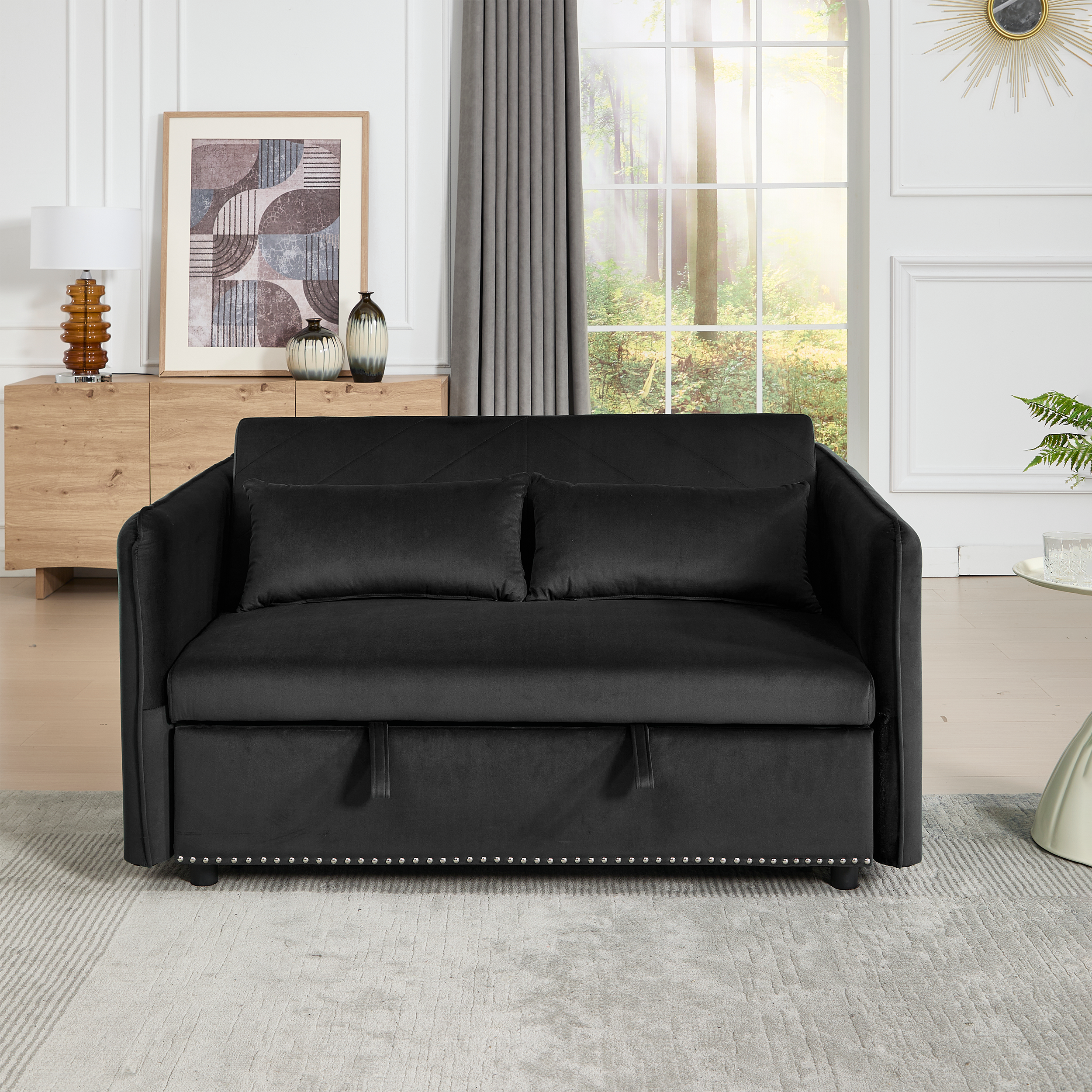 Alt View 1. Tiramisubest - 3 in 1 Convertible Sleeper Futon Sofa Bed,55" Velvet Loveseat with 2 Pillows,Reclining Backrest & Side Pockets,Black - Black.