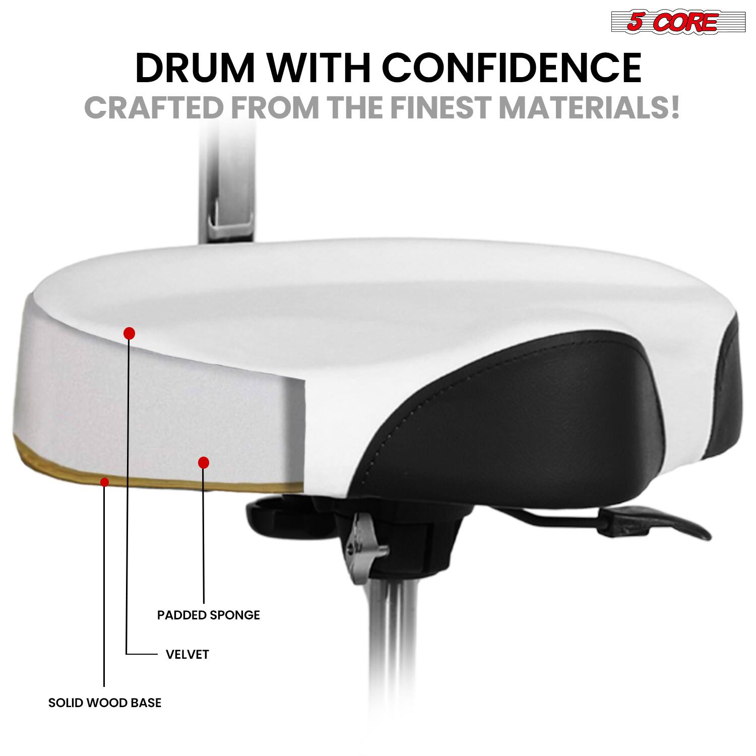 5 CORE  
DRUM WITH CONFIDENCE  
CRAFTED FROM THE FINEST MATERIALS!  

- PADDED SPONGE  
- VELVET  
- SOLID WOOD BASE
