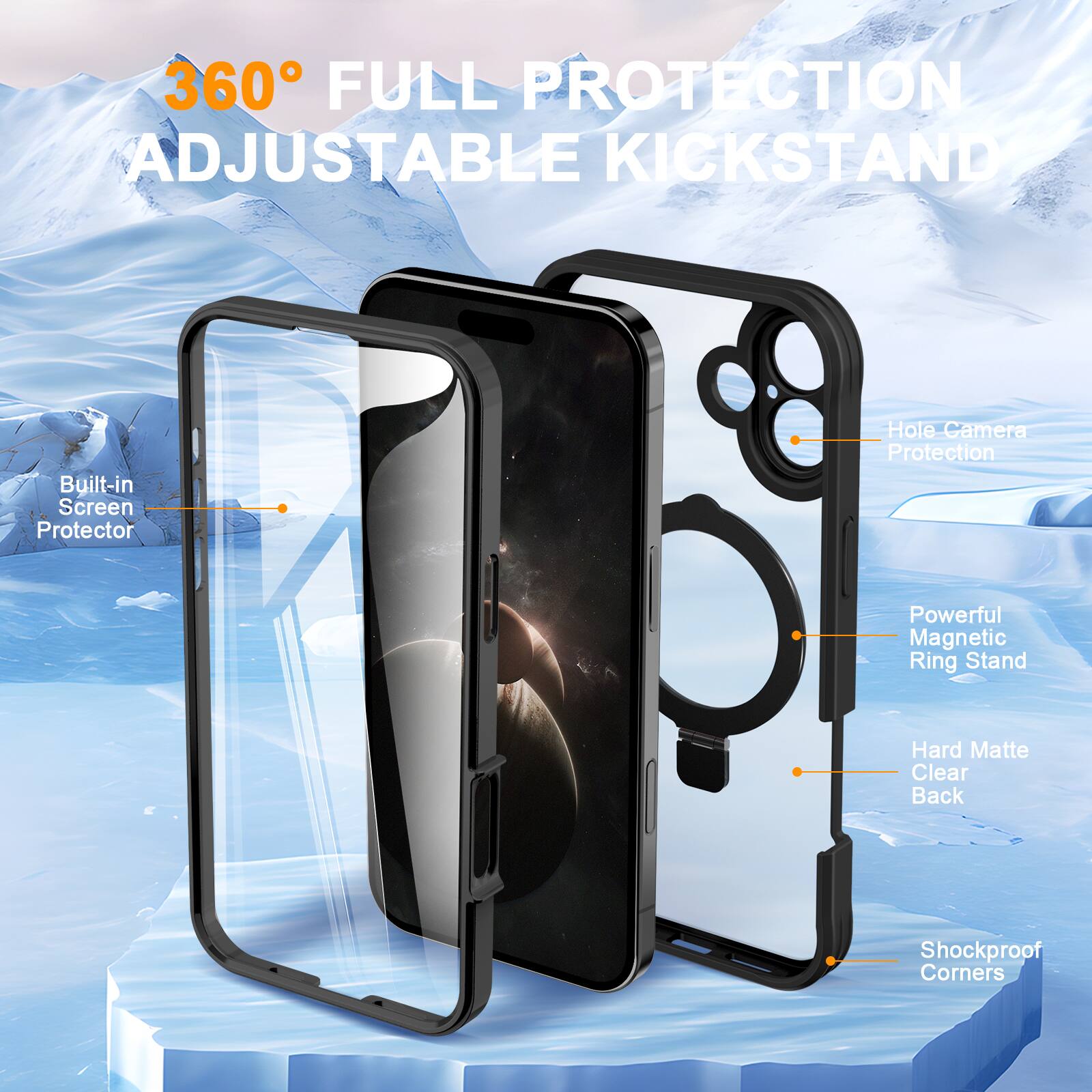 360° FULL PROTECTION ADJUSTABLE KICKSTAND

- Built-in Screen Protector
- Hole Camera Protection
- Powerful Magnetic Ring Stand
- Hard Matte Clear Back
- Shockproof Corners