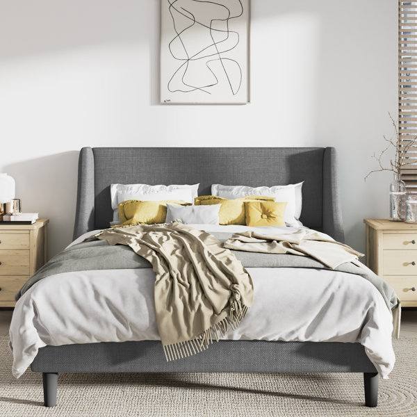 Hivvago - Queen Size Linen Blend Upholstered Platform Bed with Wingback Headboard - Gray