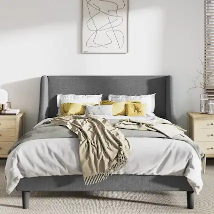 Front. Hivvago - Hivvago Full Size Linen Blend Upholstered Platform Bed with Wingback Headboard - Gray.