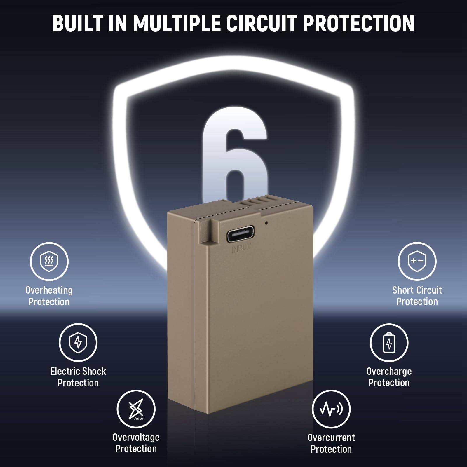 BUILT IN MULTIPLE CIRCUIT PROTECTION

- Overheating Protection
- Short Circuit Protection
- Electric Shock Protection
- Overcharge Protection
- Auto Overvoltage Protection
- Overcurrent Protection