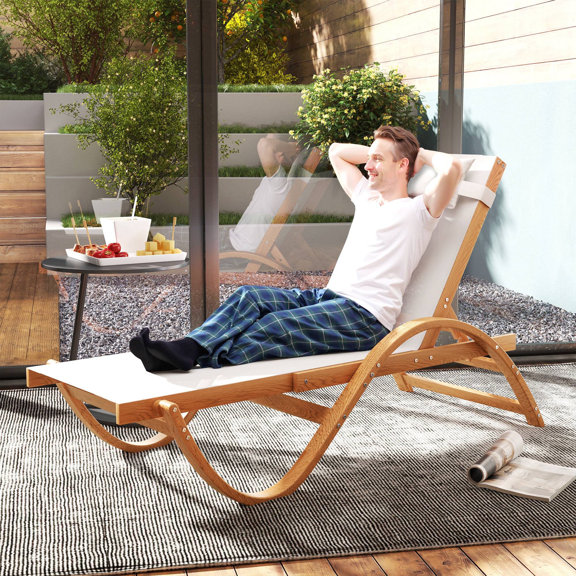 Alt View 1. Outsunny - Larch Wood Lounge Chair, 4-Level Adjustable Tanning Chair, Full Flat Patio Lounger with Mesh Seat - Cream White.