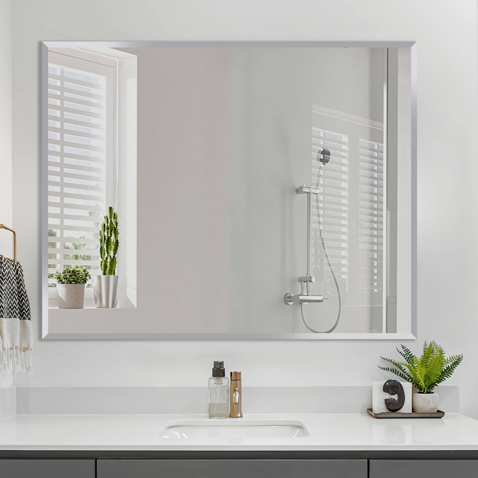 Front. VEGA AUTOMOTIVE - Inch Bathroom Mirror Frameless Beveled Edge Rectangle Wall Explosion Proof And Shatterproof Vanity Mounted - 36"L x 24"W Frameless.