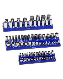 VEVOR - Magnetic Socket Organizer Set, 3PCS Magnetic Socket Holder, 1/4'', 3/8'' & 1/2'' Metric Socket Trays with Clear Labels - Blue