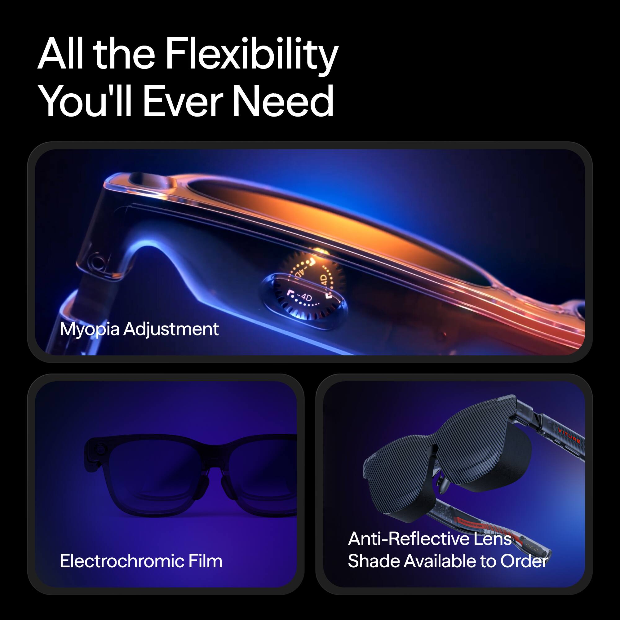 All the Flexibility You'll Ever Need

- Myopia Adjustment
- Electrochromic Film
- Anti-Reflective Lens Shade Available to Order