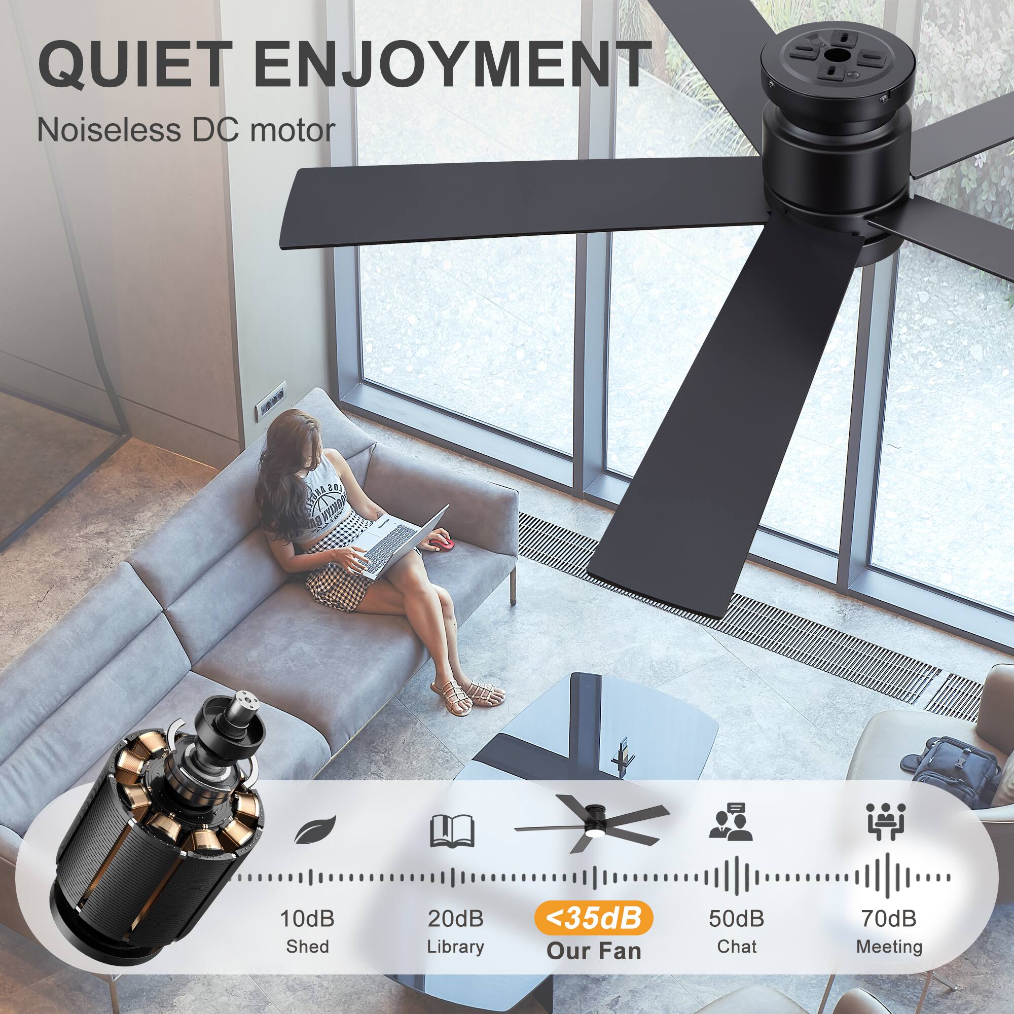 QUIET ENJOYMENT  
Noiseless DC motor  

10dB Shed  
20dB Library  
<35dB Our Fan  
50dB Chat  
70dB Meeting