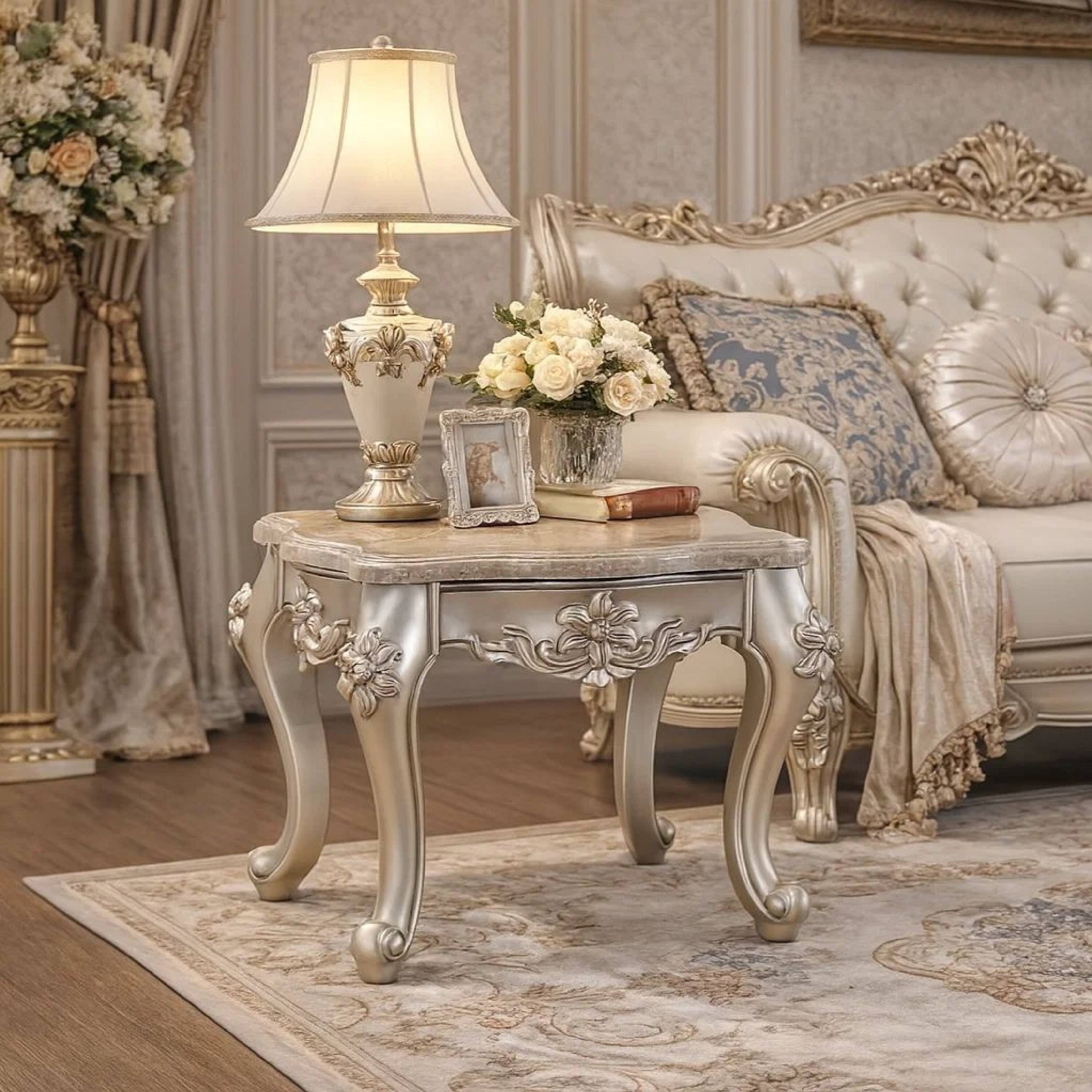 Alt View 5. Manhattan Lane - Marble Top End Table With Flower Motif Engraved Angular Wood Feet - Silver.