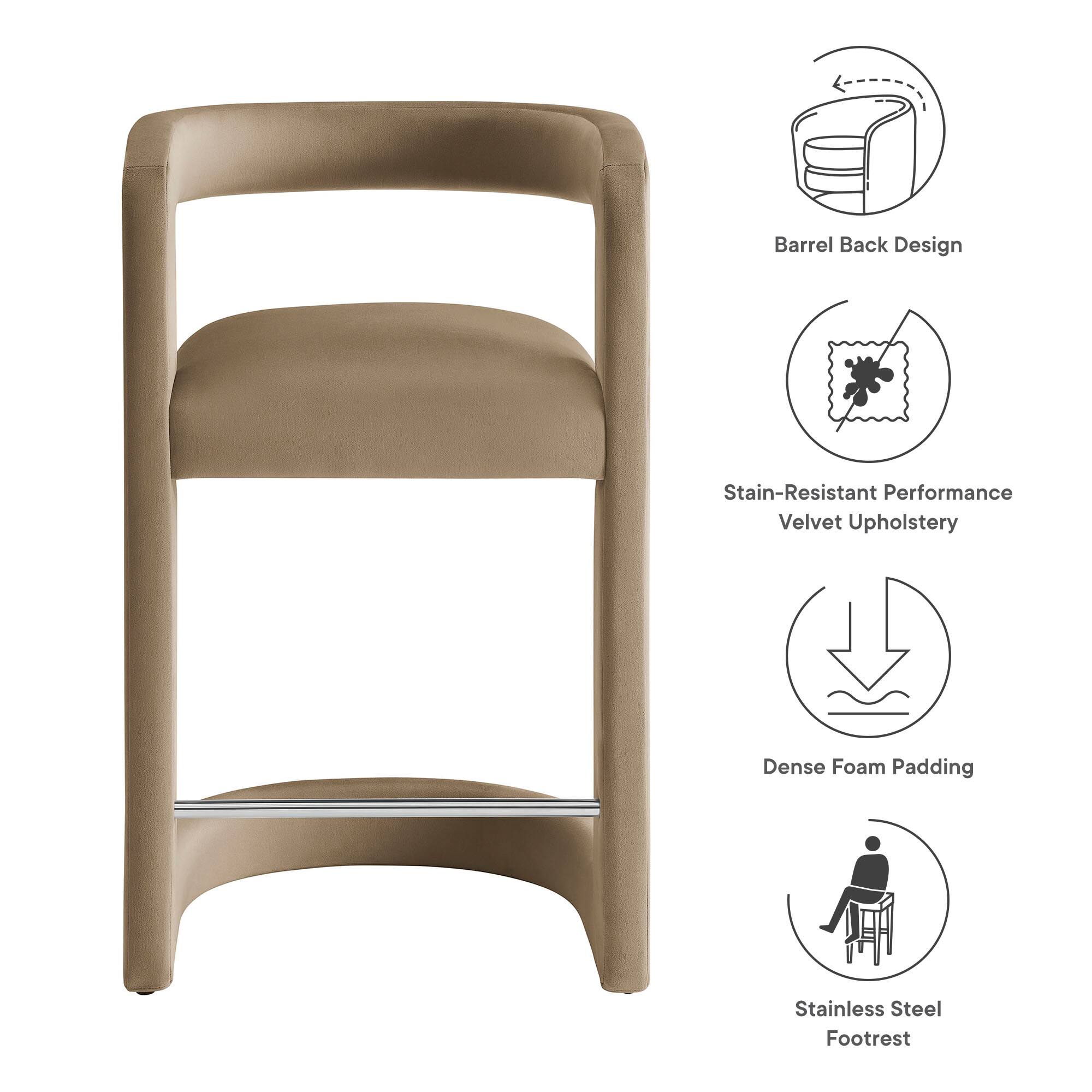 - Barrel Back Design
- Stain-Resistant Performance Velvet Upholstery
- Dense Foam Padding
- Stainless Steel Footrest