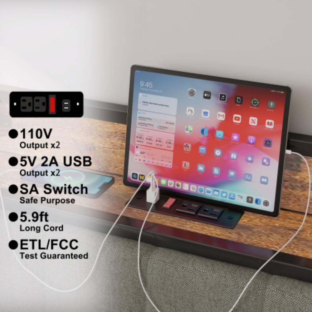 9:45  
110V Output x2  
5V 2A USB Output x2  
SA Switch Safe Purpose  
5.9ft Long Cord  
ETL/FCC Test Guaranteed
