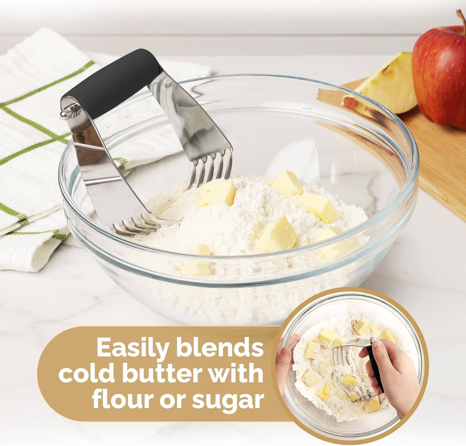 Easily blends cold butter with flour or sugar