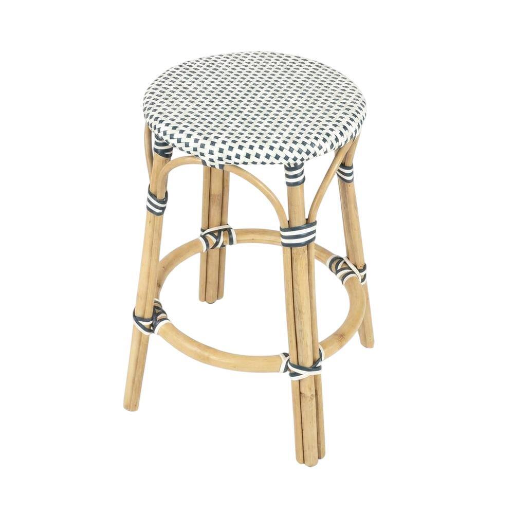 Angle. Butler Specialty - Tobias Rattan Round 24" Counter Stool - White And Navy Dot.