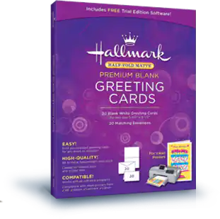 Includes FREE Trial Edition Software!
Hallmark HALF-FOLD MATTE PREMIUM BLANK GREETING CARDS
20 Elank White Greeting Cards
20 Matching Envelopes
EASY!
HIGH-QUALITY
For COMPATIBLE!