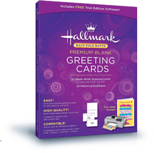 Includes FREE Trial Edition Software!  
Hallmark HALF-FOLD MATTE PREMIUM BLANK GREETING CARDS  
20 Elank White Greeting Cards  
20 Matching Envelopes  
EASY!  
HIGH-QUALITY  
For COMPATIBLE!