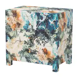 Baxton Studio - Adeline End Table with Printed Nature Motif - 3-Drawer Storage Cabinet with Gold Knobs - Multicolor/Brass