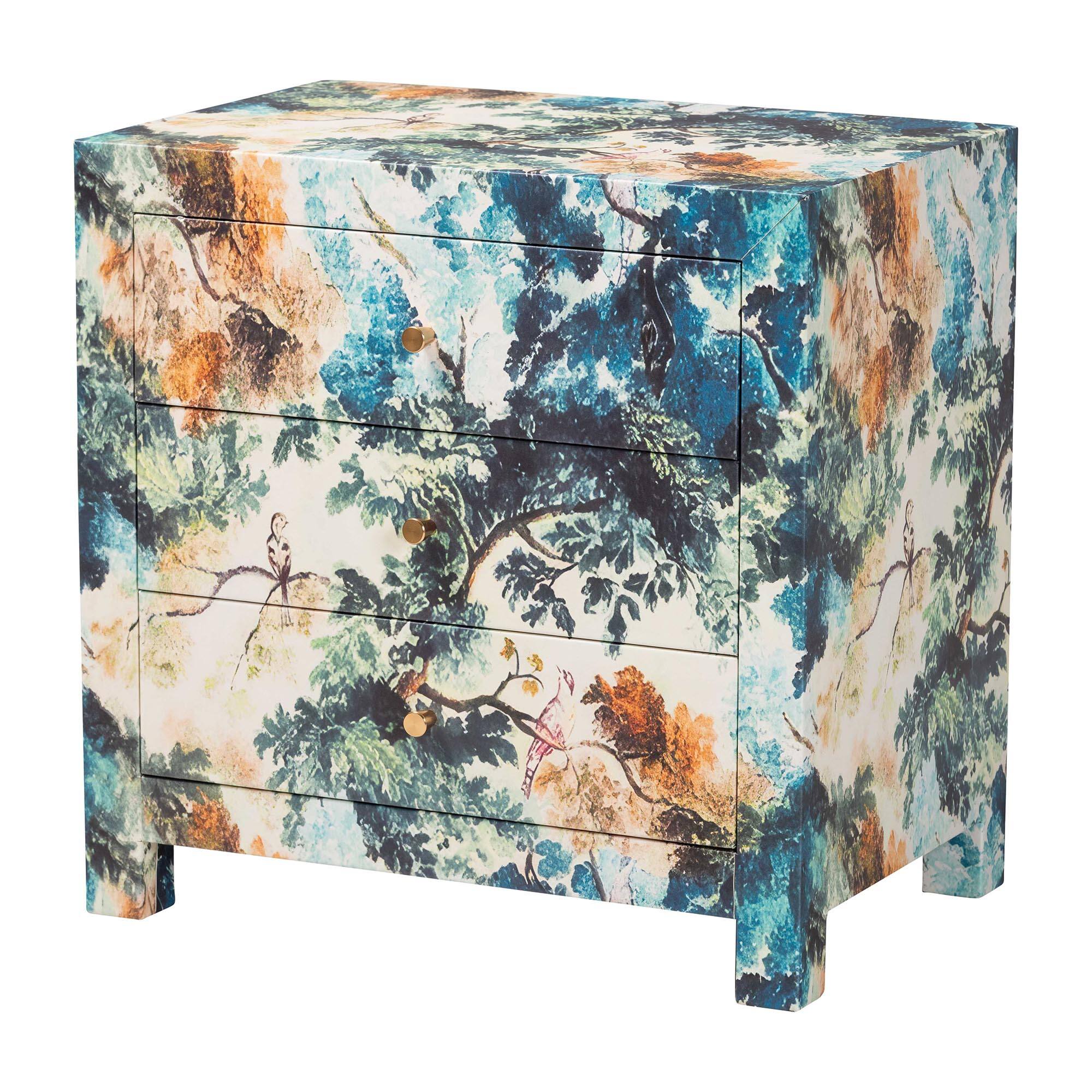 Front. Baxton Studio - Adeline End Table with Printed Nature Motif - 3-Drawer Storage Cabinet with Gold Knobs - Multicolor/Brass.