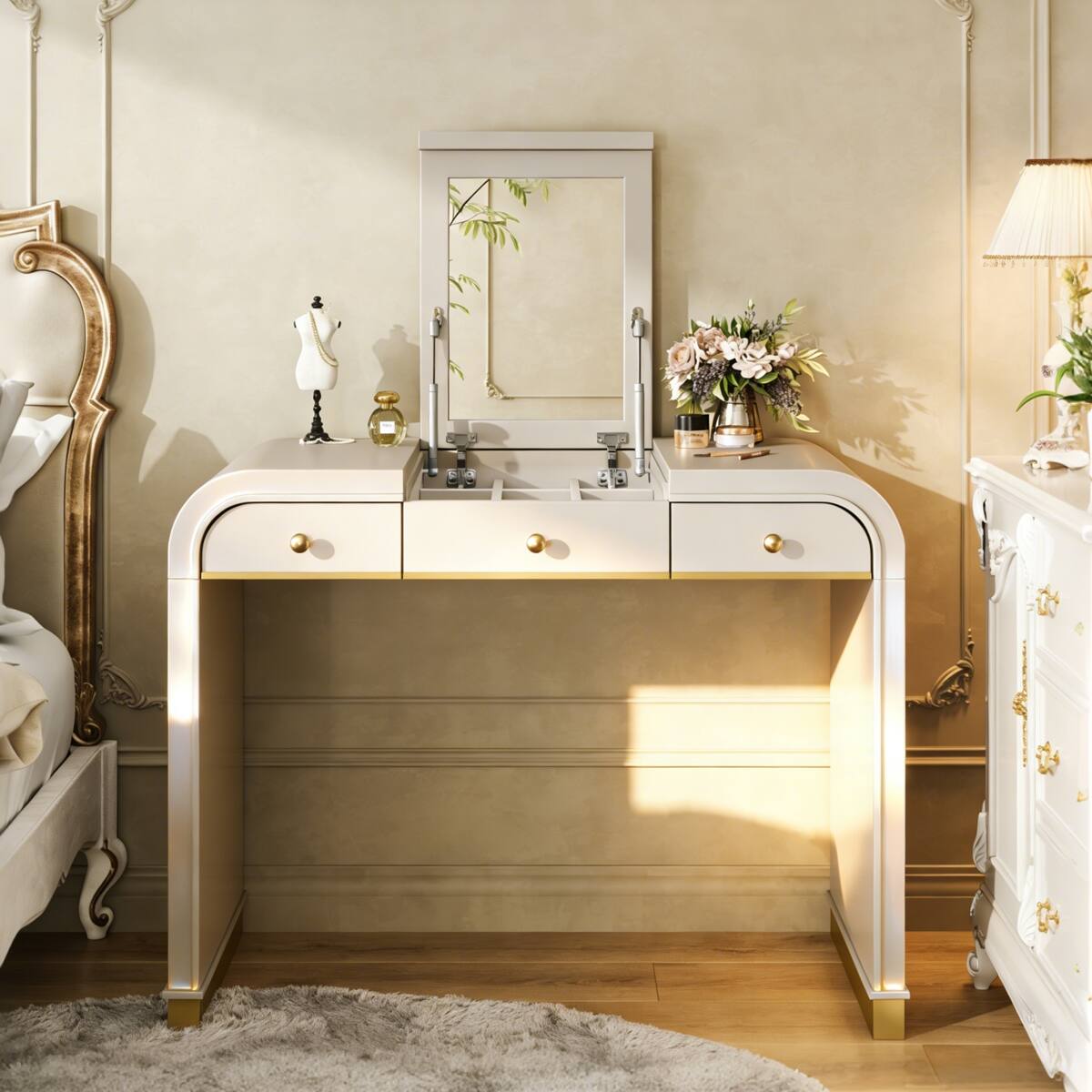 Angle. Loheer - Loheer Vanity Desk with Flip-Up Mirror 3-in-1 Champagne Finish with Two Drawers - Champagne.