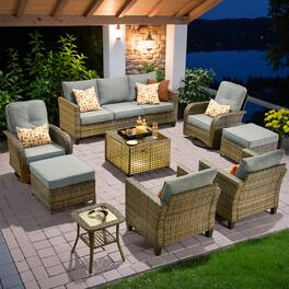Ovios - 9 PCS Patio Furniture Set, Rattan Sofa with Swivel Chair, Ottoman & Coffee Table for Garden - Dark Gray