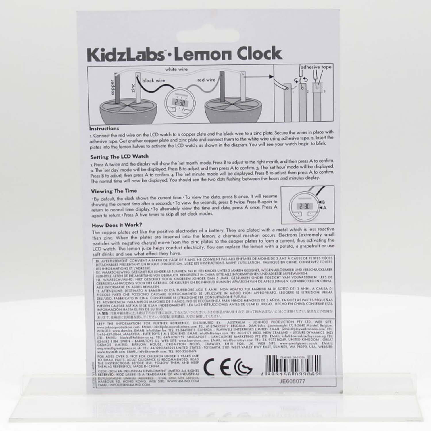 KidzLabs Lemon Clock adhesive tape white and black Instructions watch plate black plate Secure wires in place Connect copper connect them to white adhesive tape Insert adhesive tape on another copper plate as shown in the diagram. Begin blinking plates by connecting lemon halves to the adhesive tape. Setting The LCD Watch: To set the time, press the adjust time button until the correct time is displayed. To set the date, press the adjust date button until the correct date is displayed. To return to the default mode, press the clock modes button again. How Does It Work? The clock uses electrodes and a battery to create a chemical reaction between the lemon juice and the copper plates. This reaction generates extremely small electrical charges, which are then conducted through the lemon juice and activating particles on the copper plates. When the plates are inserted into the watch, the electricity flows through the watch, powering the LCD display and allowing it to show the current time and date. Alternatively, potatoes or grapes can also be used in place of lemons to create the same chemical reaction.