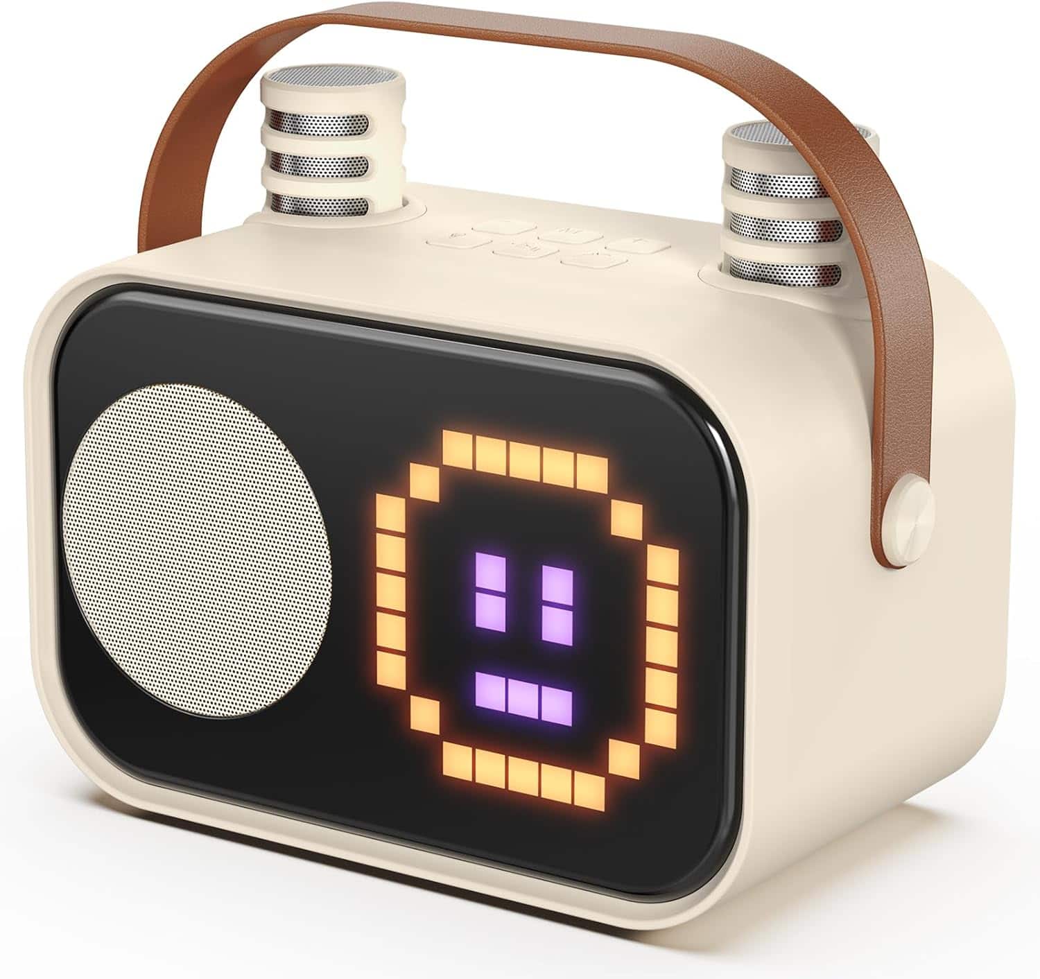 Stamp n Camp - Karaoke Machine for Kids Adults, Portable Bluetooth Speaker with 2 Wireless Microphones, Pixel Display Light, Birthday - Beige-2 Mics