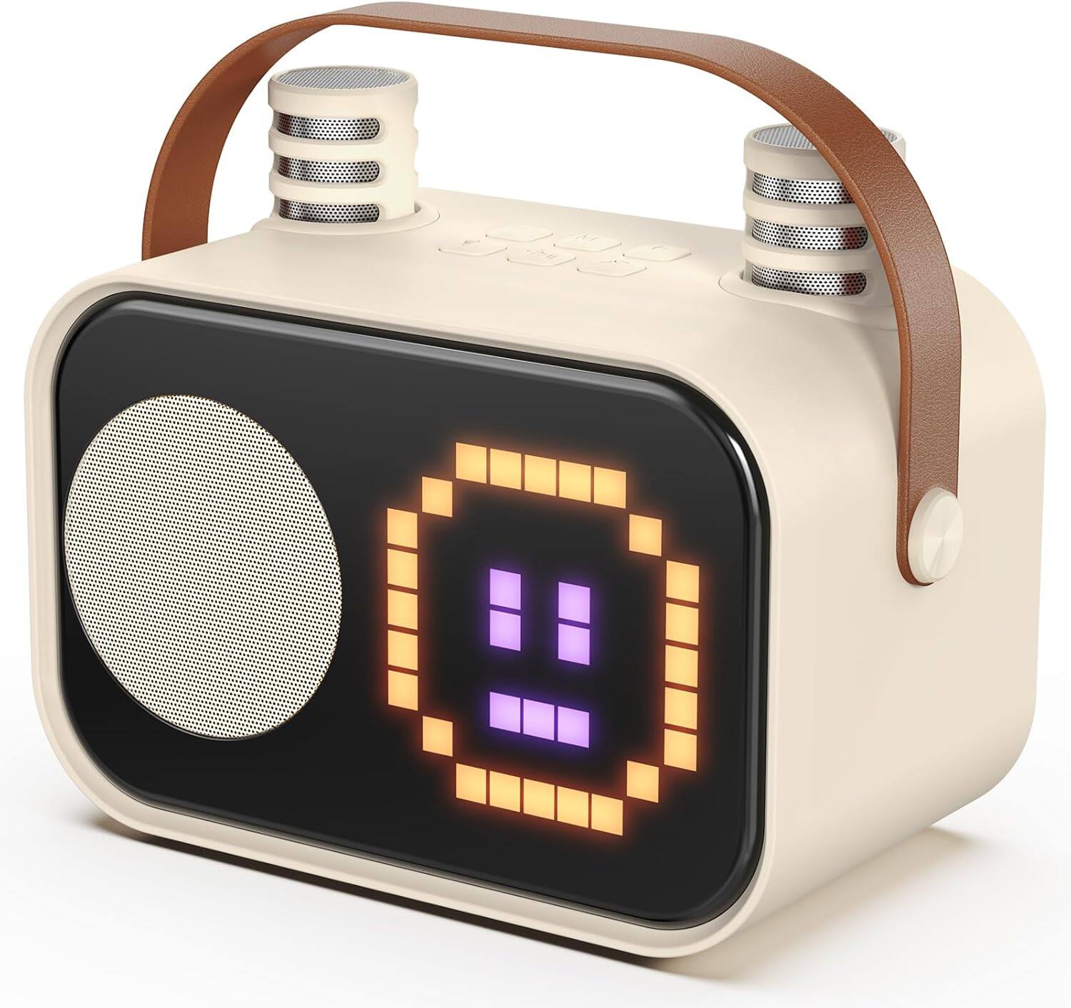 Stamp n Camp - Karaoke Machine for Kids Adults, Portable Bluetooth Speaker with 2 Wireless Microphones, Pixel Display Light, Birthday - Beige-2 Mics