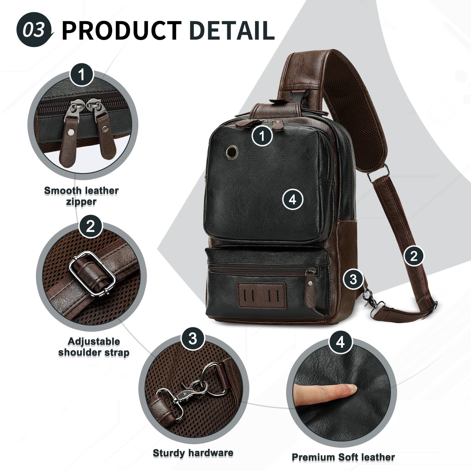 03 PRODUCT DETAIL

1. Smooth leather zipper
2. Adjustable shoulder strap
3. Sturdy hardware
4. Premium Soft leather