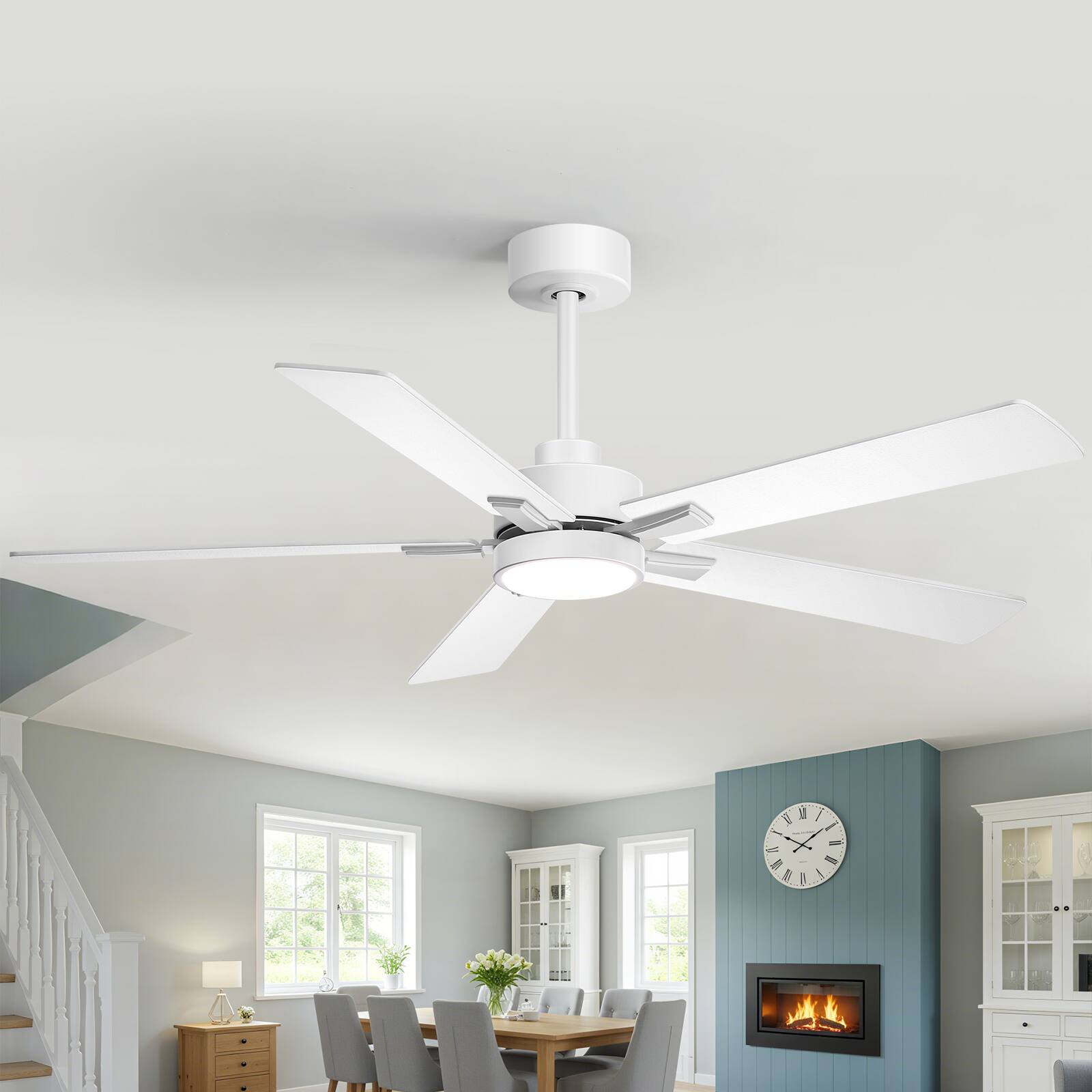 Left. Breezary - 52" Modern Indoor Ceiling Fan with LED Light, 5 Reversible Plywood Blades, 6-Speed DC Motor, Remote, Timer, 5" Downrod - White.