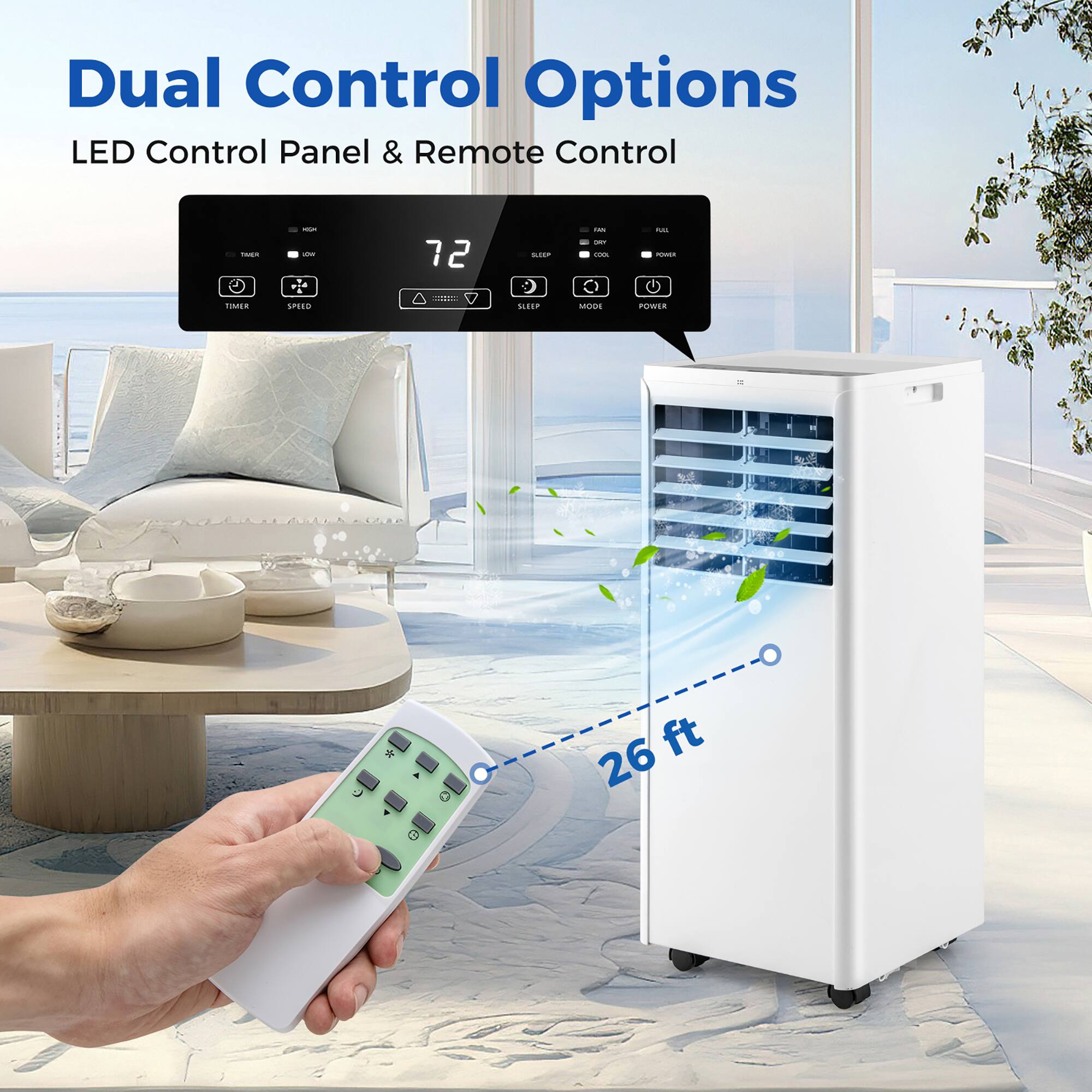 Dual Control Options  
LED Control Panel & Remote Control  

TIMER  
SPEED  
SLEEP  

26 ft