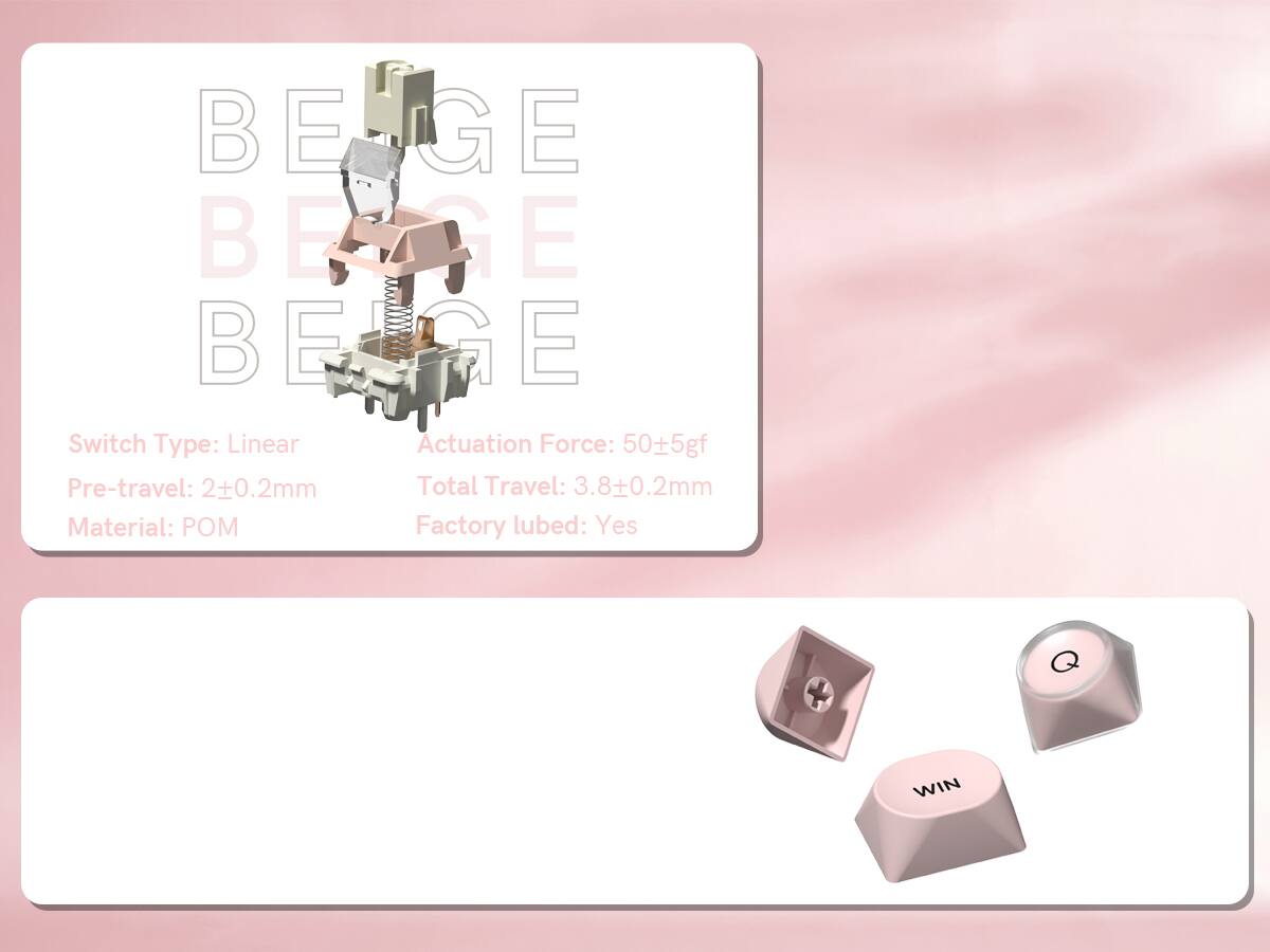 BE-GE BEIGE  
Switch Type: Linear  
Actuation Force: 50±5gf  
Pre-travel: 2±0.2mm  
Total Travel: 3.8±0.2mm  
Material: POM  
Factory lubed: Yes
