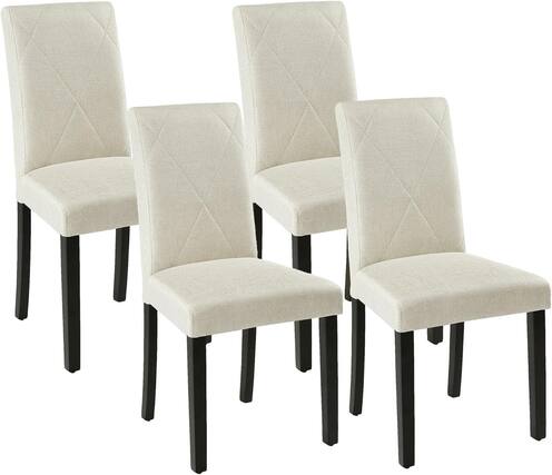 Front. Vecelo - Set Of 4 Linen Upholstered Dining Chairs with Solid Wood Legs, High Back Ergonomic Kitchen Chairs - Beige.