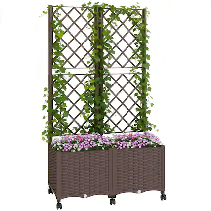 Front. Outsunny - Planter Box with Trellis, Self Watering Raised Garden Bed with Lockable Wheels, 56.3" Trellis Privacy Planter.