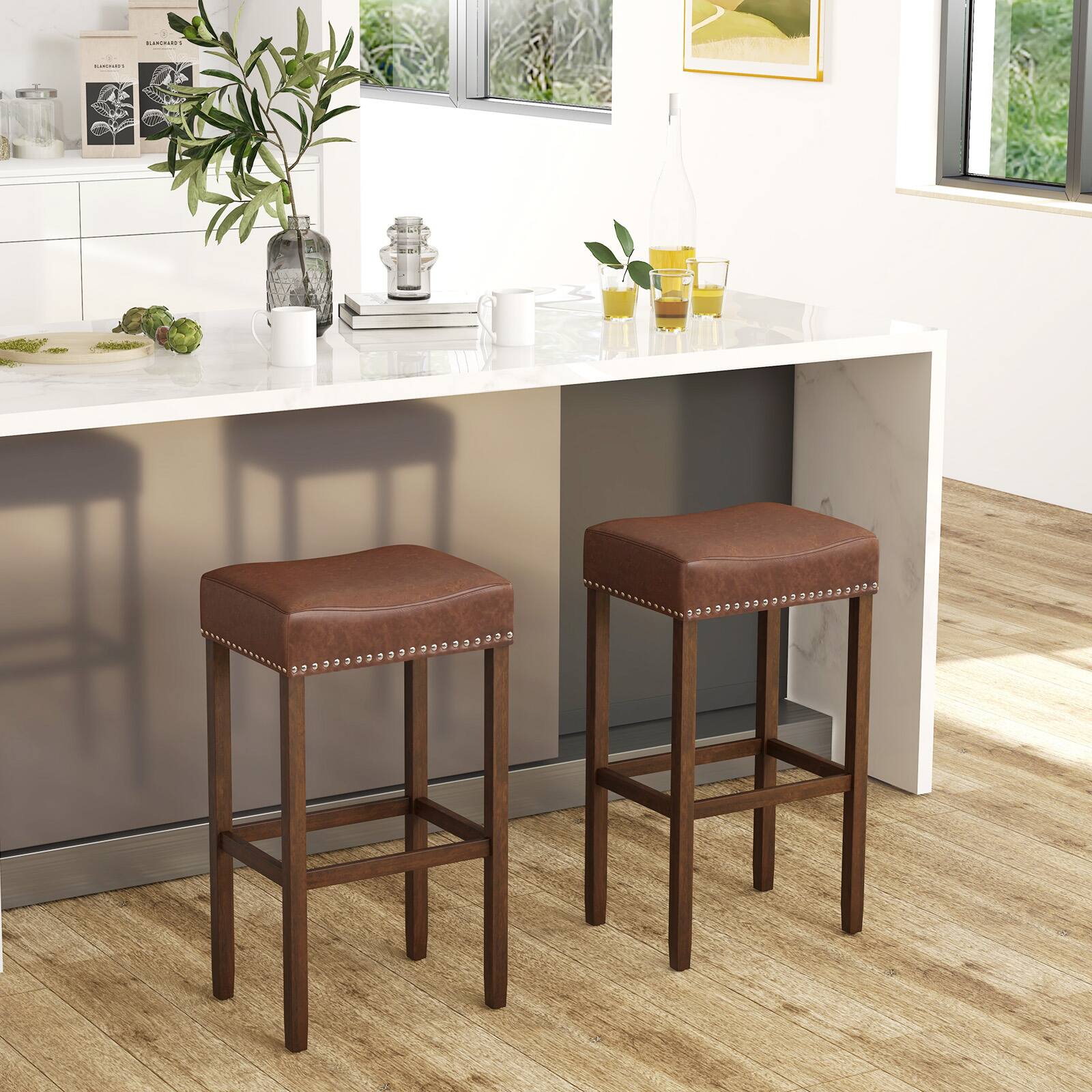 Alt View 3. Costway - 29.5" Wood Frame PU Leather Upholstered Bar Stools Set of 2 with Footrests - Brown.