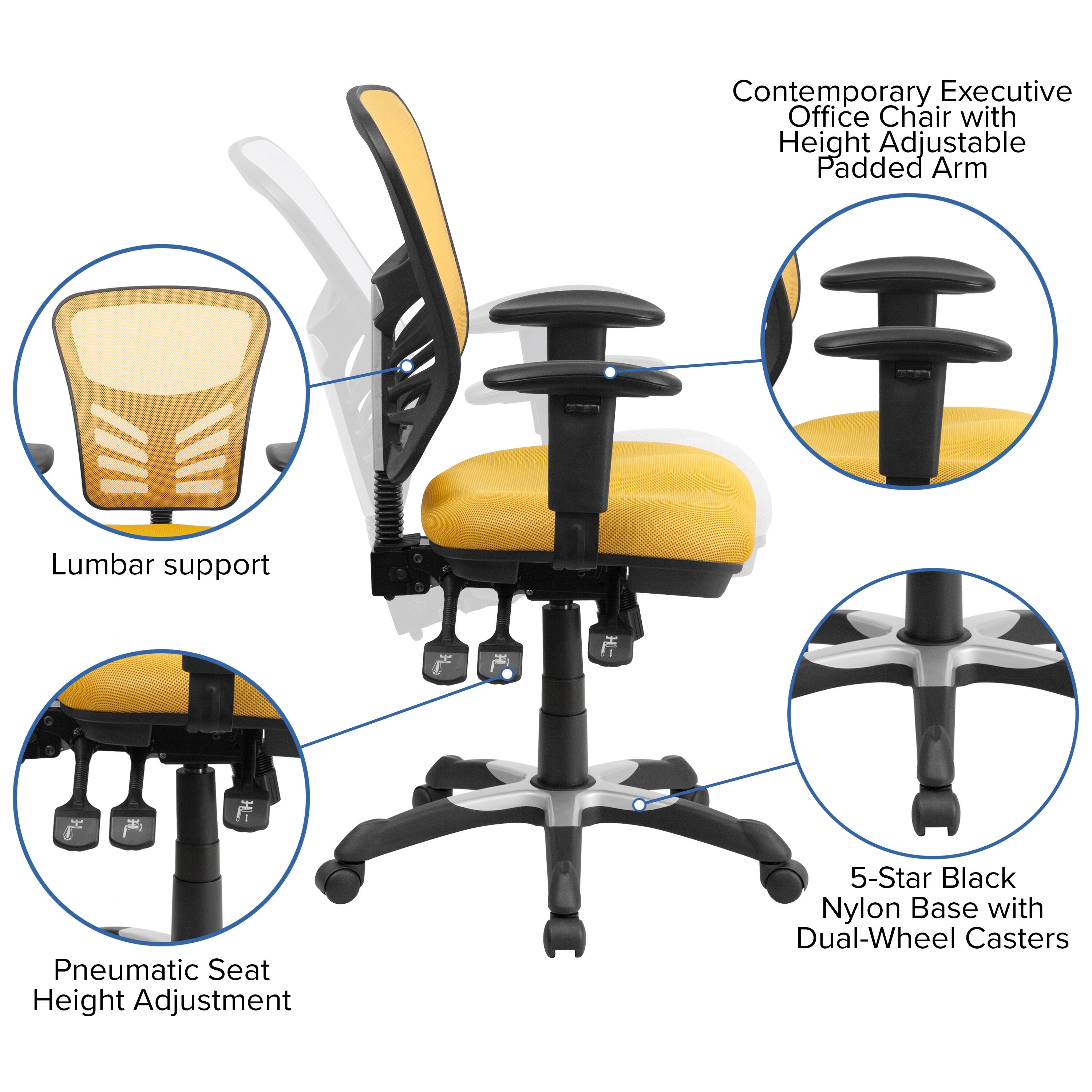 Contemporary Executive Office Chair with Height Adjustable Padded Arm  
Lumbar support  
Pneumatic Seat Height Adjustment  
5-Star Black Nylon Base with Dual-Wheel Casters