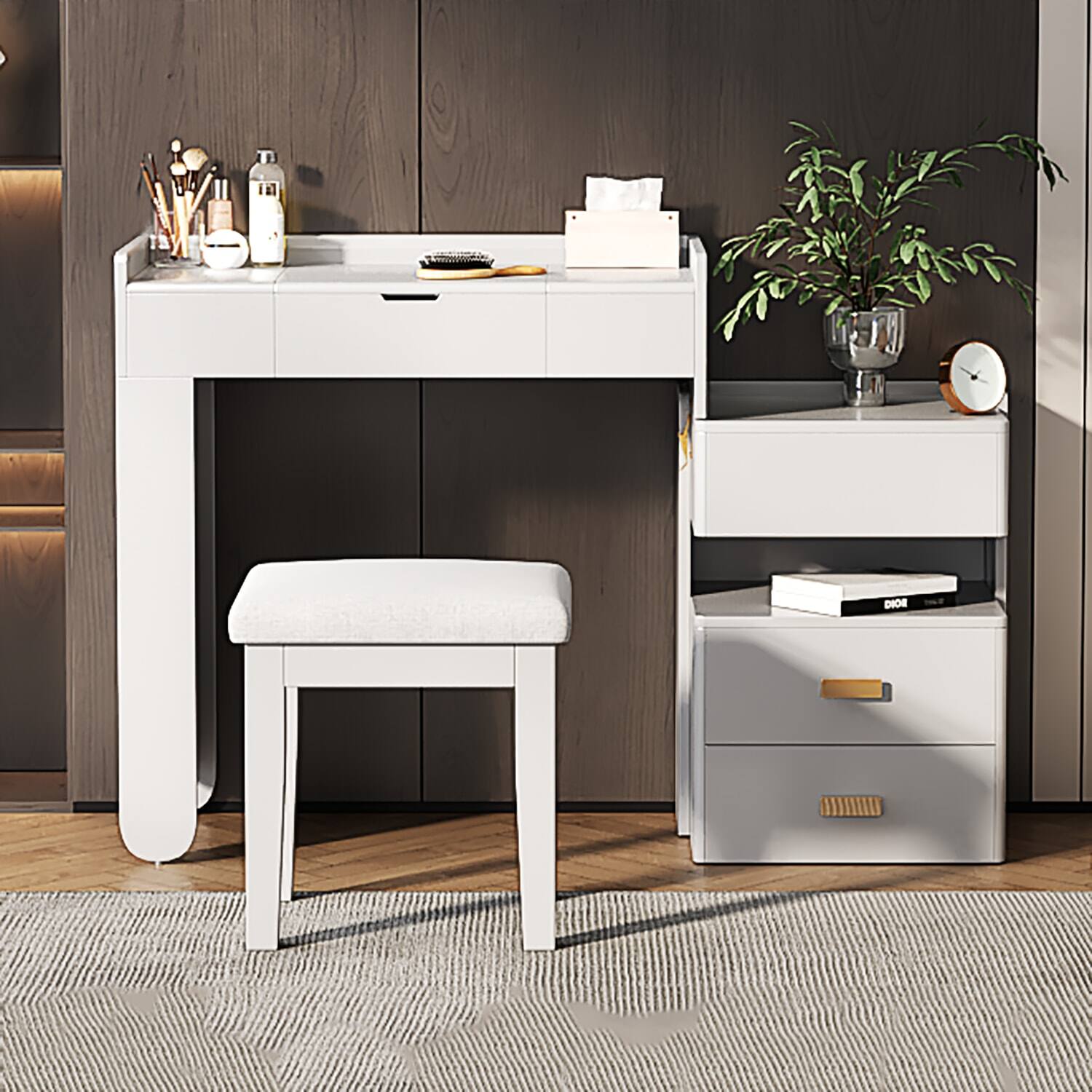 Angle. Lirago - White 3-in-1 Makeup Vanity Desk with Flip Mirror LED Lights and Ample Drawers 16.3”D x 45.25“ W x 31.3“ H - White.