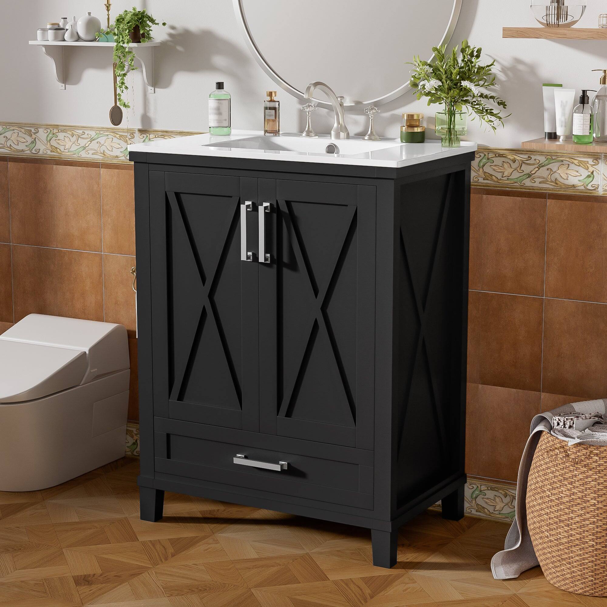 Alt View 4. Boyel Living - 24 Inch Black Bathroom Vanity with Ceramic Sink, 2 Soft Close Doors, 1 Divided Drawer, Dual Door Shelves - Black.