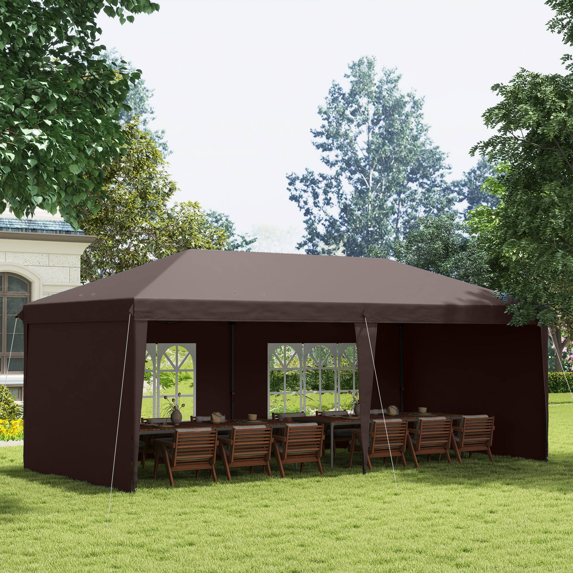 Alt View 1. Outsunny - 10' x 20' Pop Up Canopy Tent with 4 Sidewalls, Heavy Duty Tents for Parties, Outdoor Instant Gazebo with Carrying Bag - Coffee.