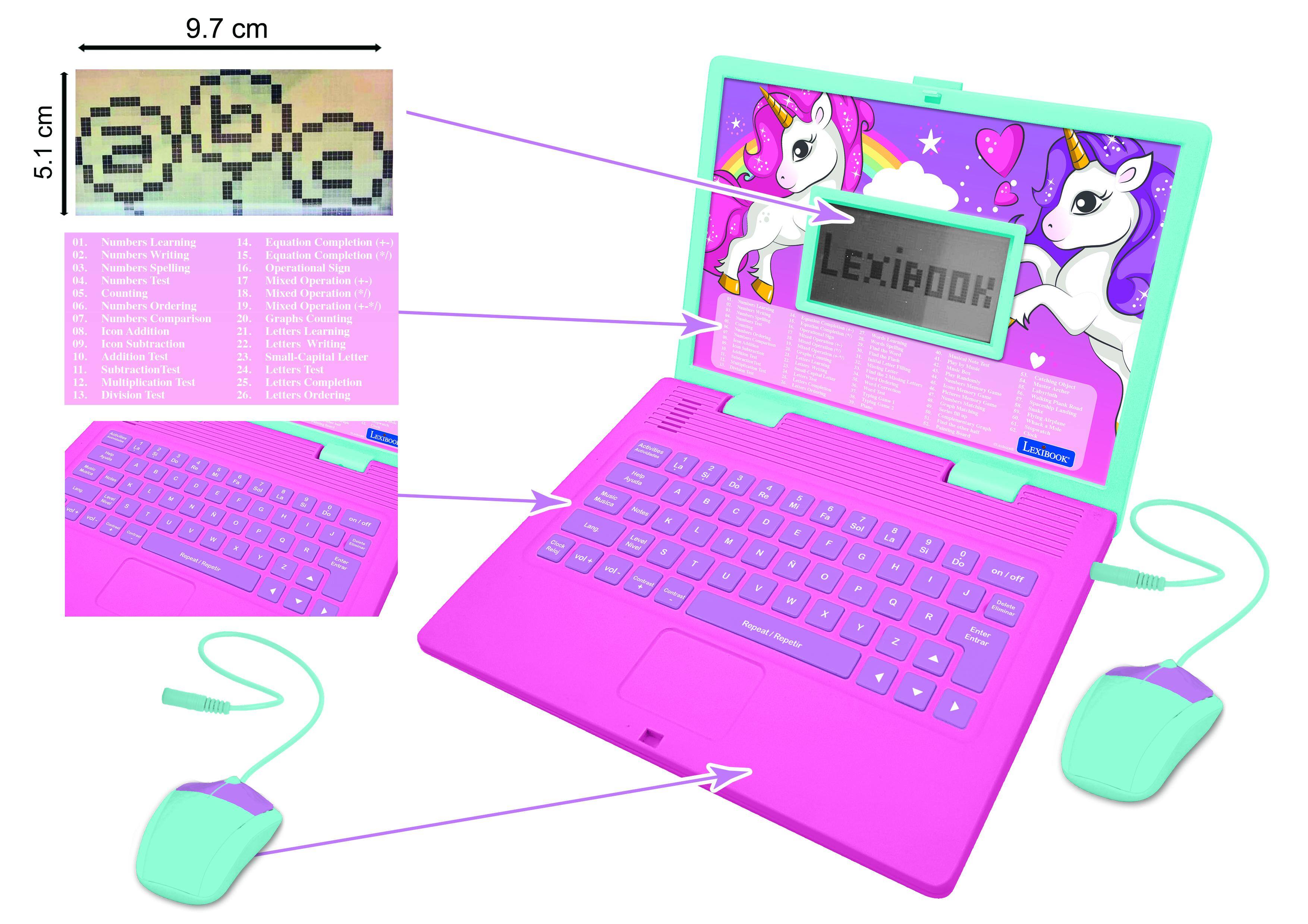 9.7 cm  
5.1 cm  

01. Numbers Learning  
02. Numbers Writing  
03. Numbers Spelling  
04. Numbers Test  
05. Counting  
06. Numbers Ordering  
07. Numbers Comparison  
08. Icon Addition  
09. Addition Test  
10. Subtraction Test  
11. Multiplication Test  
12. Division Test  
13. Mixed Operation (+-)  
14. Equation Completion (+)  
15. Mixed Operation (*/)  
16. Operational Sign  
17. Mixed Operation (+-/)  
18. Mixed Operation (*/)  
19. Graphs Counting  
20. Icon Subtraction  
21. Letters Learning  
22. Letters Writing  
23. Small-Capital Letter  
24. Letters Test  
25. Letters Completion  
26. Letters Ordering  

Lexibook