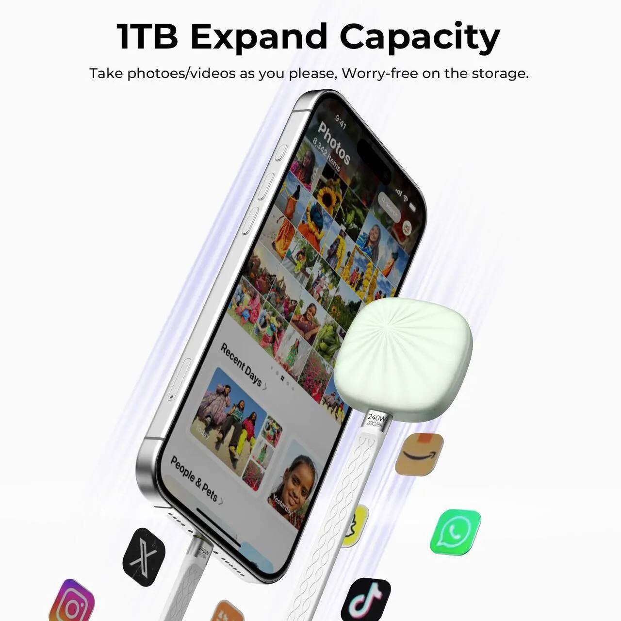 1TB Expand Capacity  
Take photos/videos as you please, Worry-free on the storage.  

9:41  
8,342 Photos items - .  
Recent Days  
240V 20G  
People & Pets  

HON X  
Vesterdity