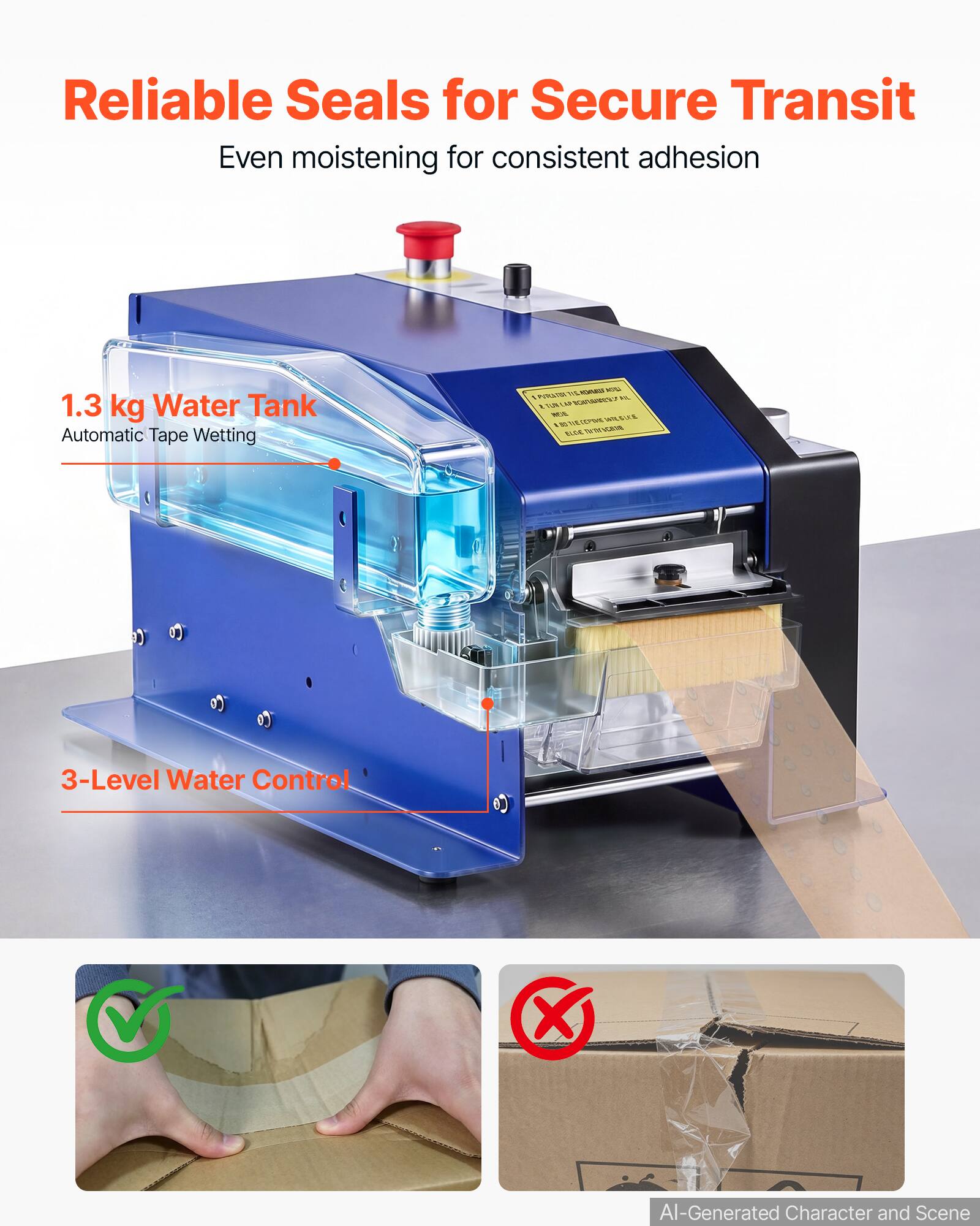 Reliable Seals for Secure Transit  
Even moistening for consistent adhesion  

1.3 kg Water Tank  
Automatic Tape Wetting  

3-Level Water Control  

AI-Generated Character and Scene