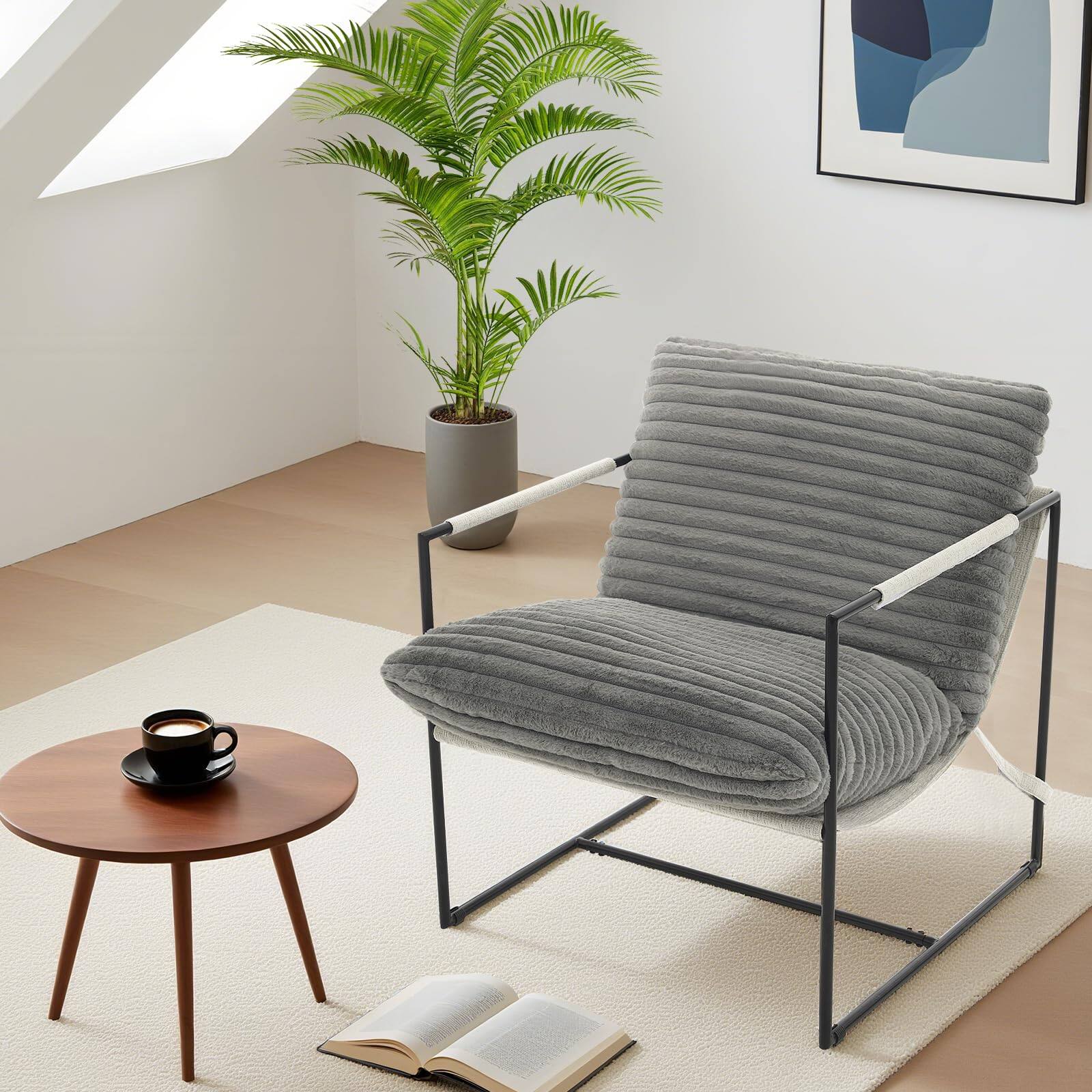 Front. Babevy - Modern Sling Accent Chair with Metal Frame, Upholstered Oversized Armchair with Shredded Foam Cushion for Living Room - Corduroy | Dark Gray.