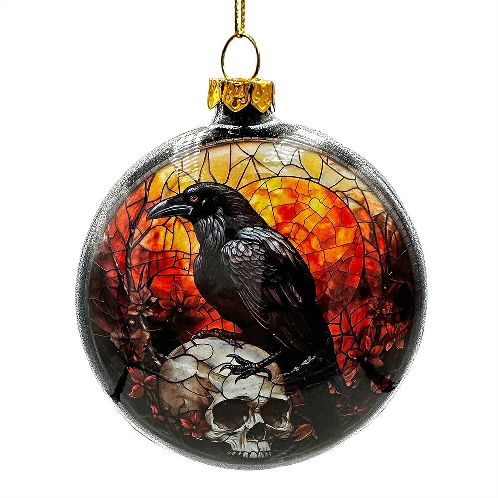 Front. OrnamentallyYou - Creepy Stained Glass Skeleton and Raven Haunted Ornament Halloween Horror and Christmas Tree Decor - Multi-colored.