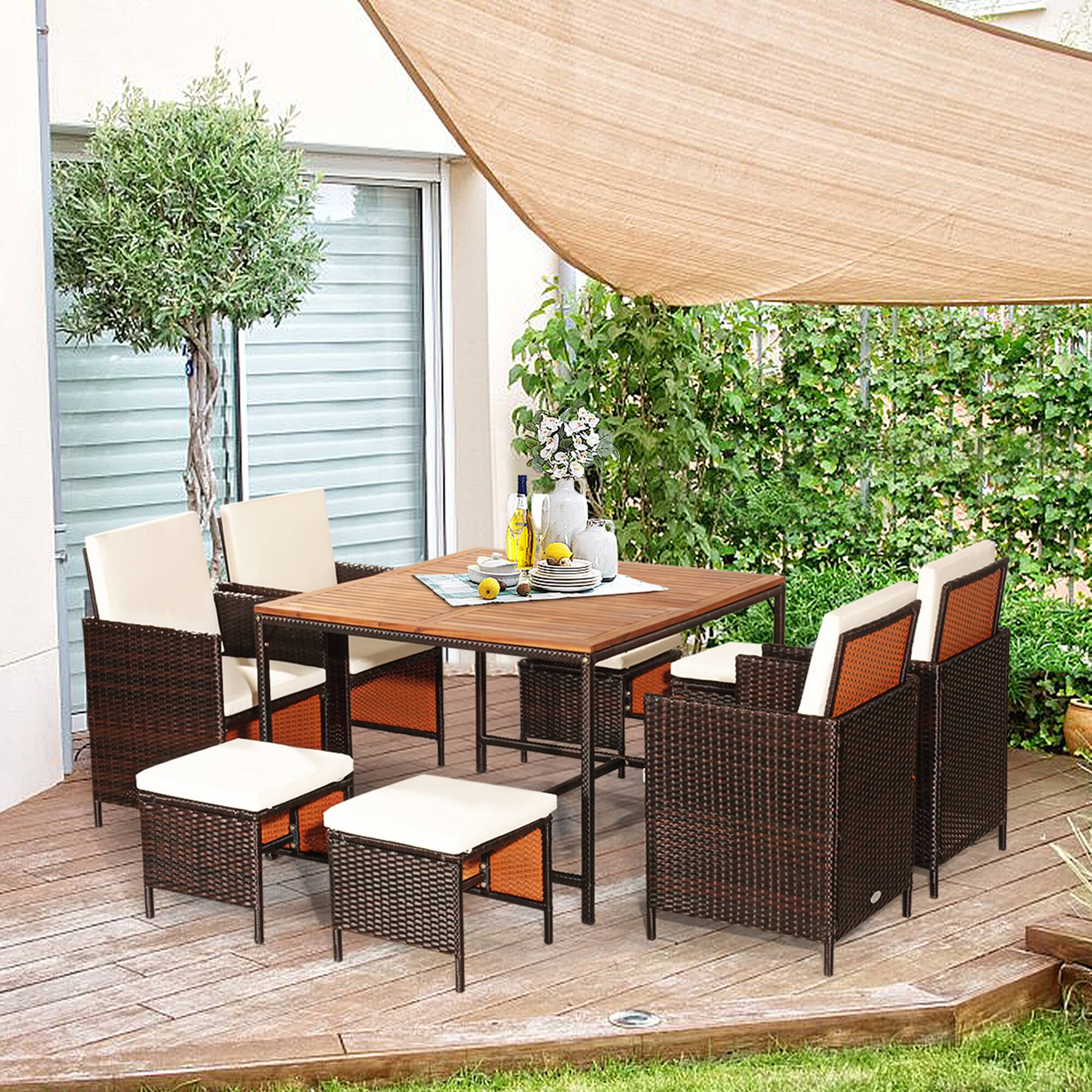 Alt View 5. Gymax - Gymax 9PCS Rattan Wicker Patio Dining Set Outdoor Furniture Set w/ White Cushion - Brown.