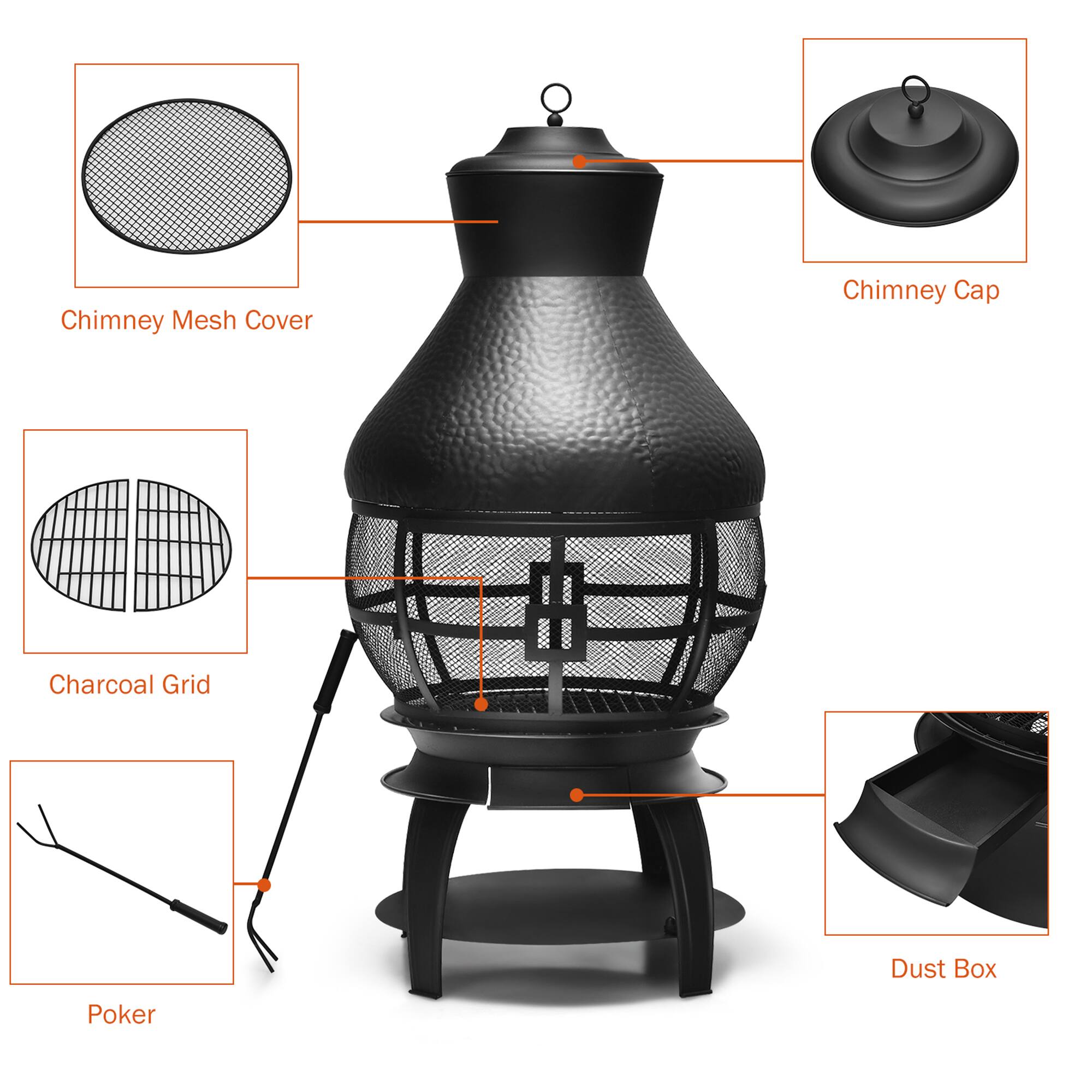 Chimney Mesh Cover, Chimney Cap, Charcoal Grid, Dust Box, Poker