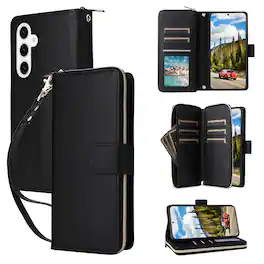 Dteck - Crossbody Wallet Case for Samsung Galaxy S26+, Shockproof Zipper Pocket PU Leather Folio Cover with 9 Card Slots - Black